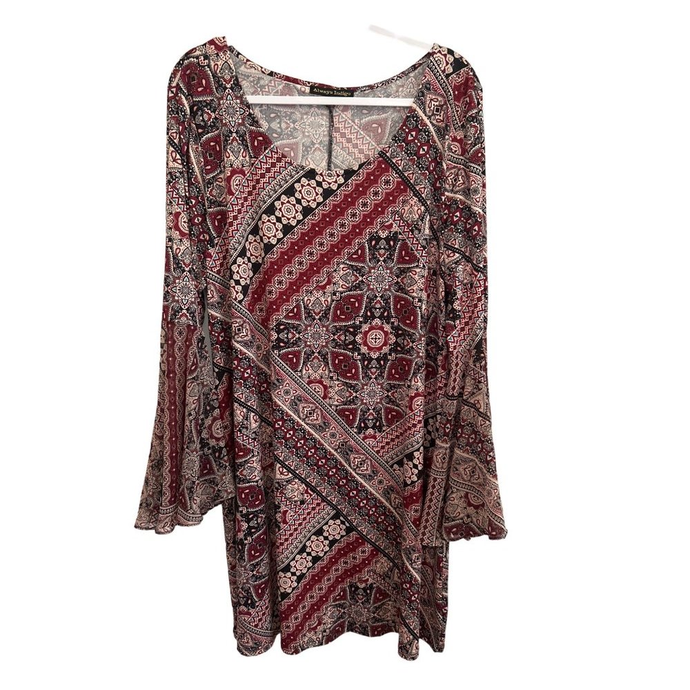 Always Indigo Burgundy & Black Print Long Bell Sleeve Dress, Size 2X